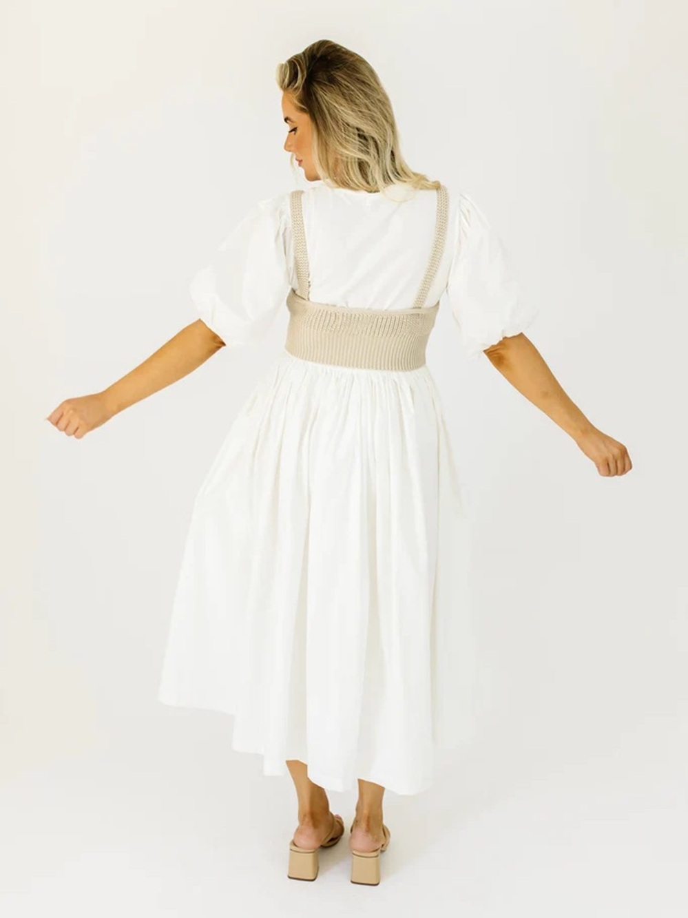 White Puff-Sleeve Midi Dress with Beige Knit Bodice - Picture 5 of 16